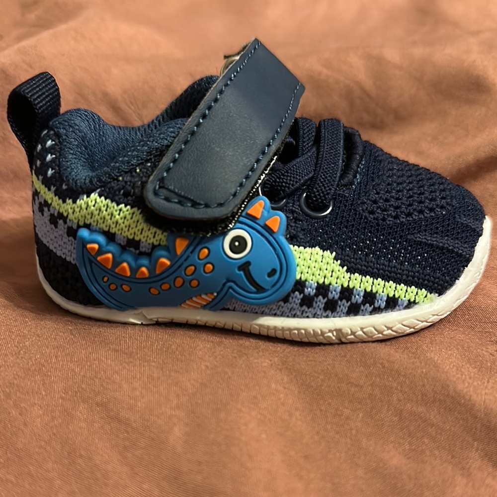 Blue and Green Sneakers with Velcro Strap and Cartoon Design